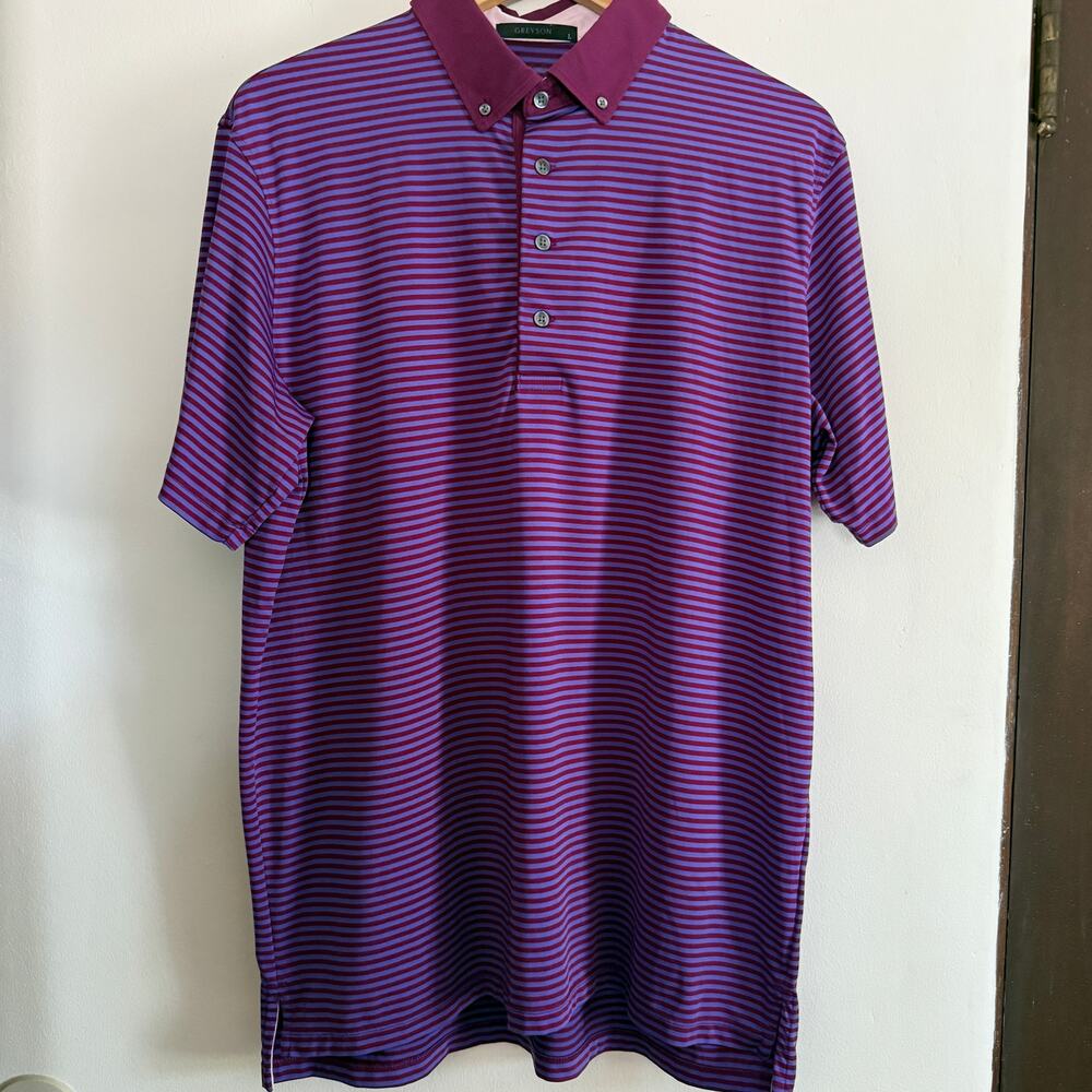 GREYSON |  Golf Quogue Polo Mens Size Large Meadowsweet Purple Striped | Large